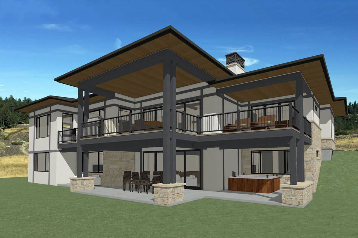 Modern house plan exterior with multiple levels, balconies, stone accents, large windows, and flat rooflines.