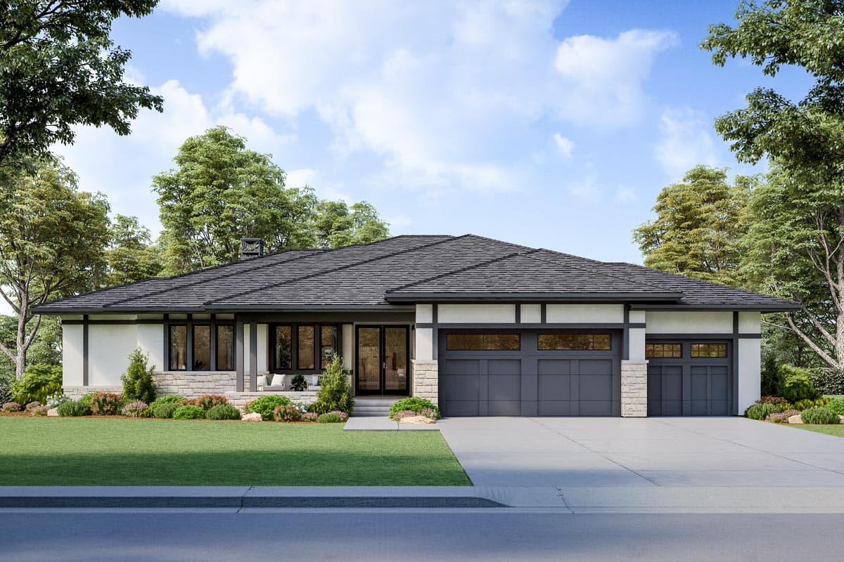 House plan exterior. Single-story contemporary design with a hipped roof, attached garage, and covered entry porch with stone accents.