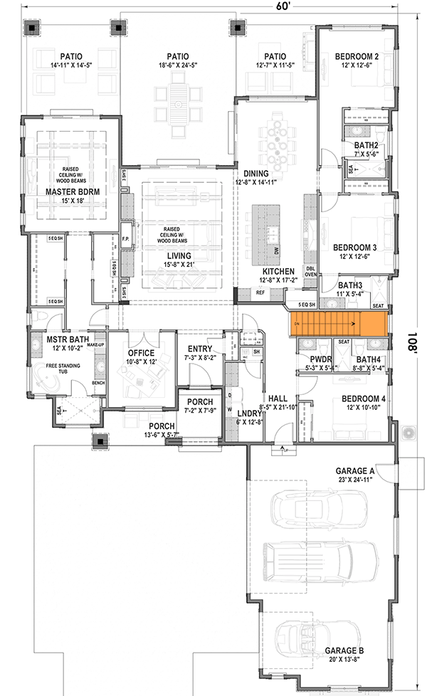 Plan 64508SC: Exclusive Mountain Craftsman Plan with Indoor Outdoor Living - Floor Plan - Main Level Basement Stairs Location - Craftsman, Mountain, New American, Northwest, Ranch