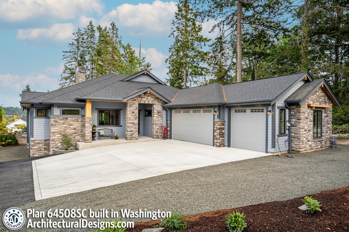 House plan exterior with stone and siding, features a prominent stone-clad entrance, covered porch, and a three-car garage.