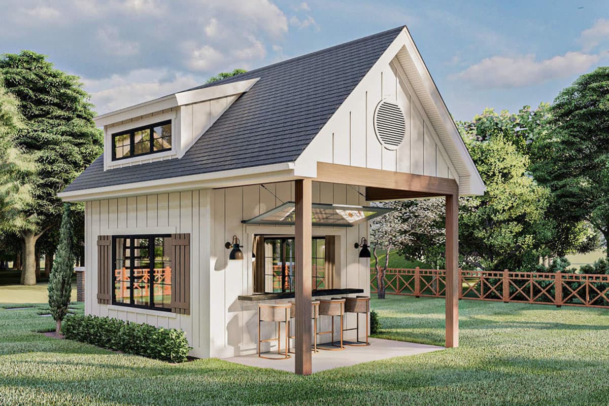 Modern Farmhouse house plan exterior, two stories, gabled roof, dormer, covered outdoor bar area with stools.