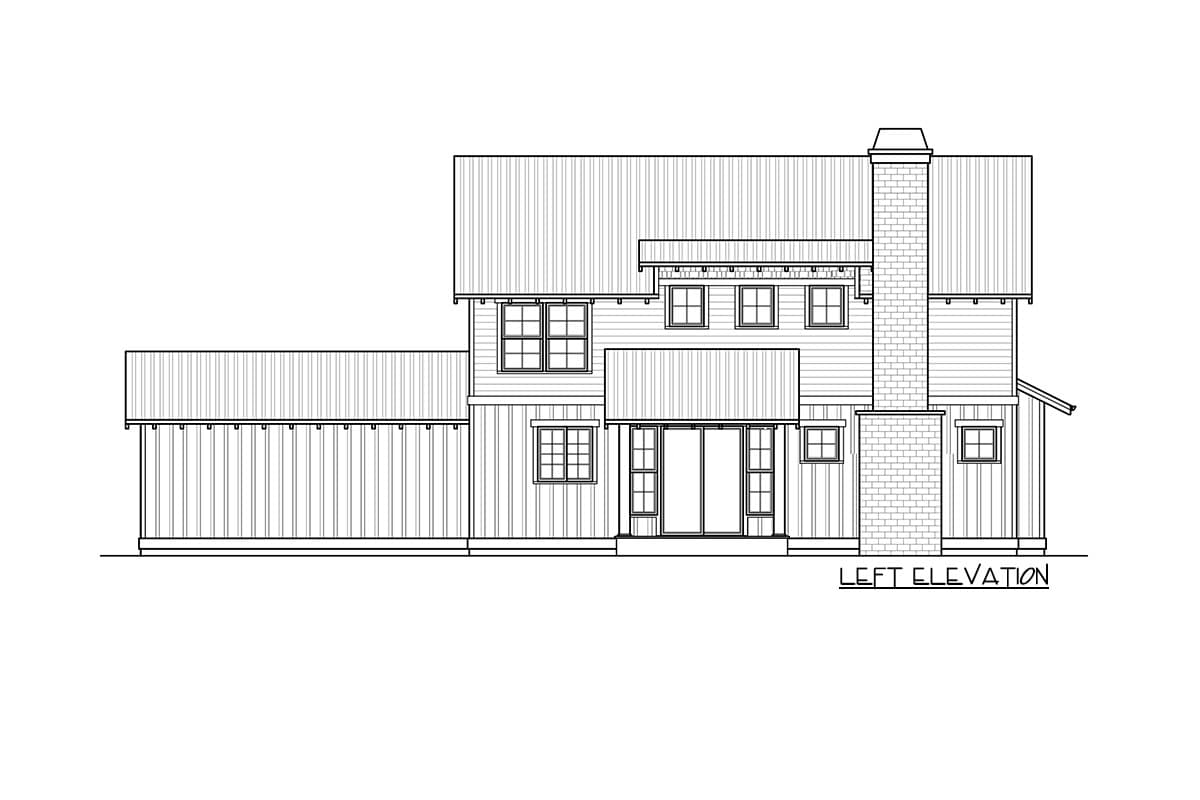 Left elevation of a two-story house plan with a prominent brick chimney, shed roof, and vertical siding.
