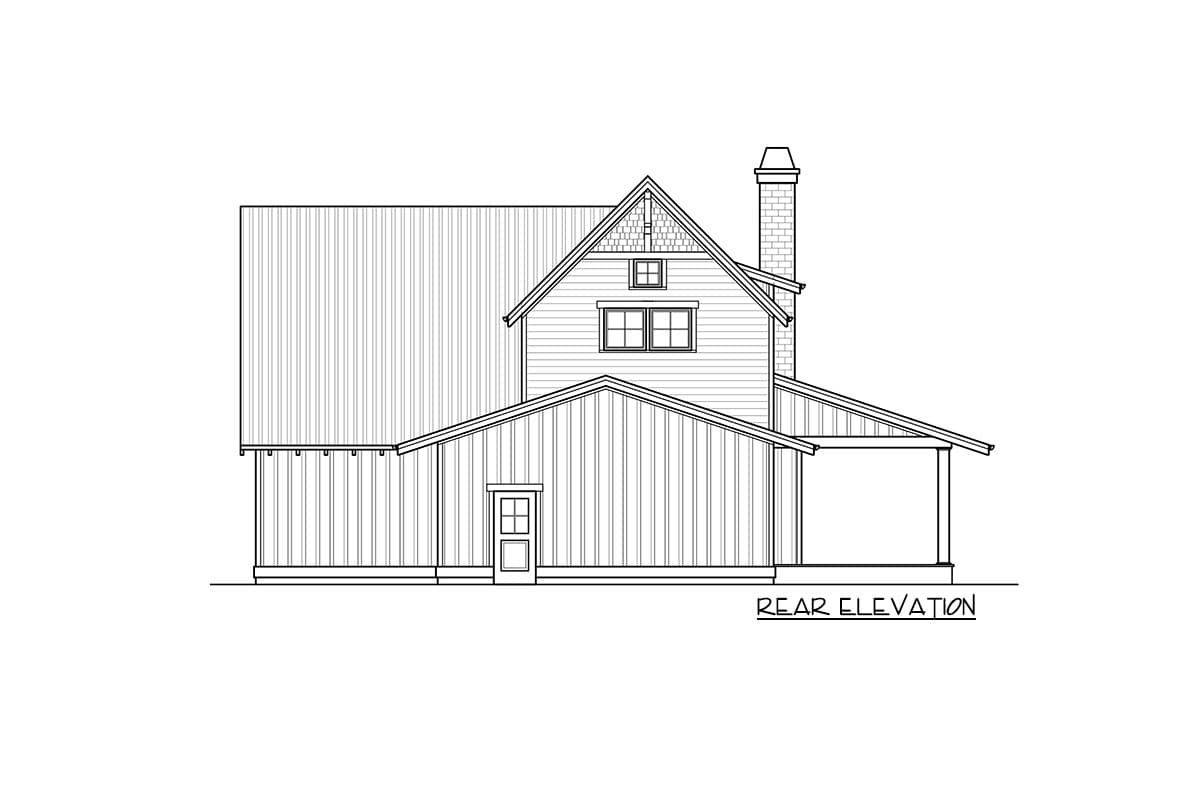 Rear elevation drawing of a house plan with a gambrel roof, chimney, and covered porch.