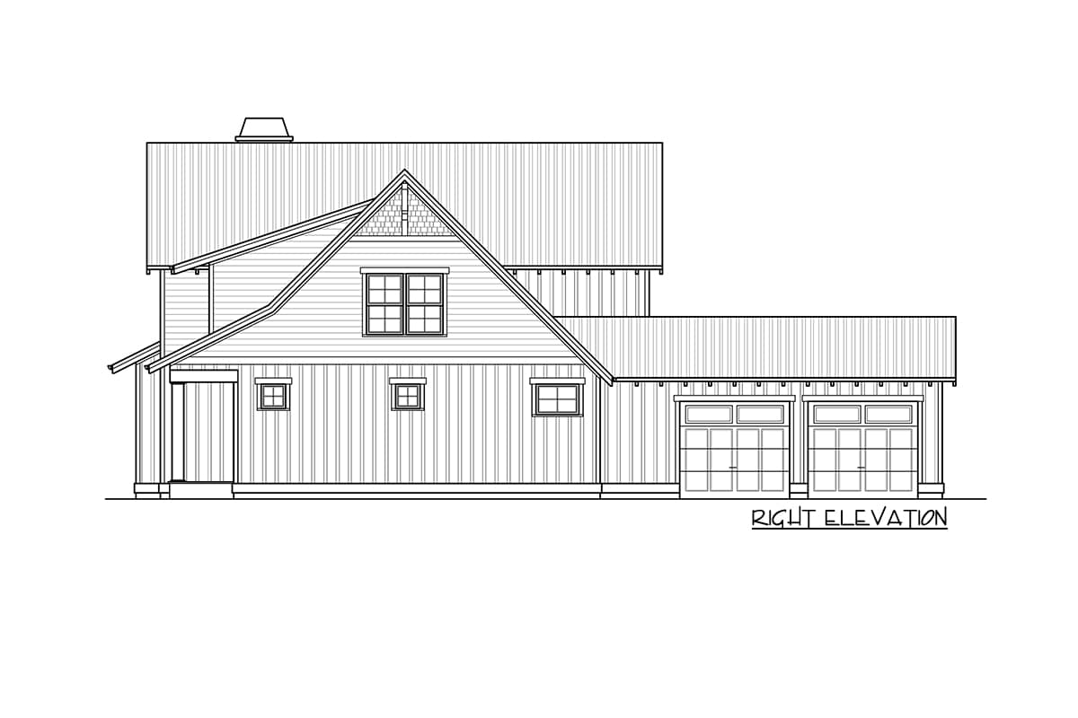 House plan right elevation showing a two-story structure with a gabled dormer and a three-car garage.