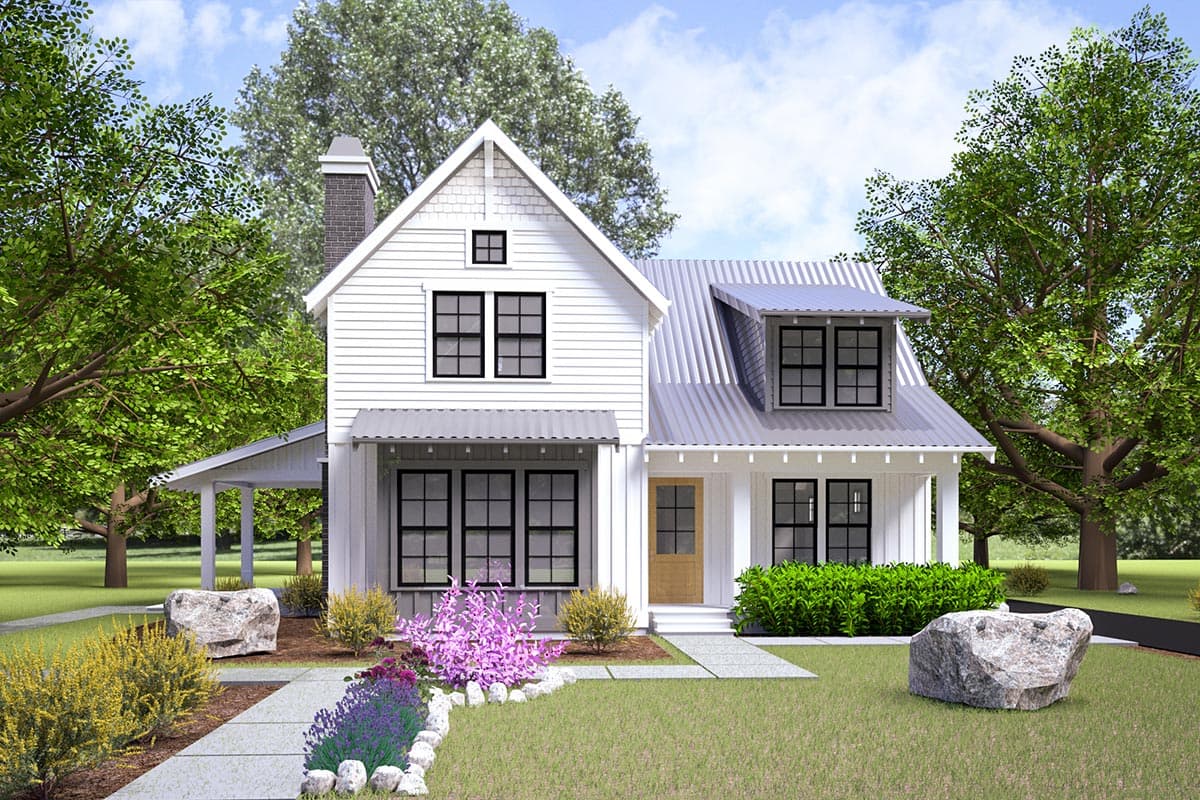 House plan exterior view, Modern Farmhouse style. Features include gabled roof, dormer, and covered porch with metal awning and accents. Two stories.