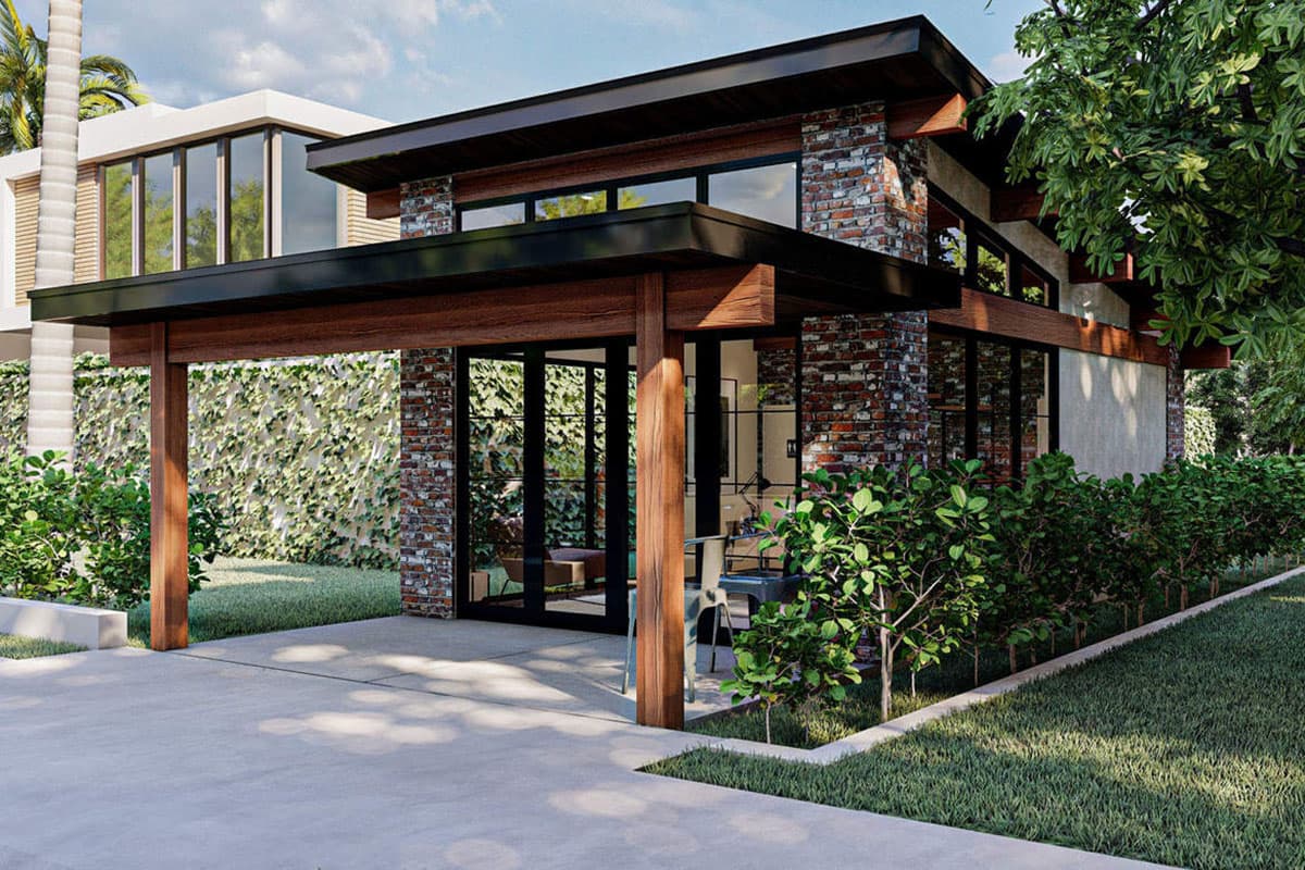 Modern house plan exterior with exposed brick, large windows, wood beams, and cantilevered roof.