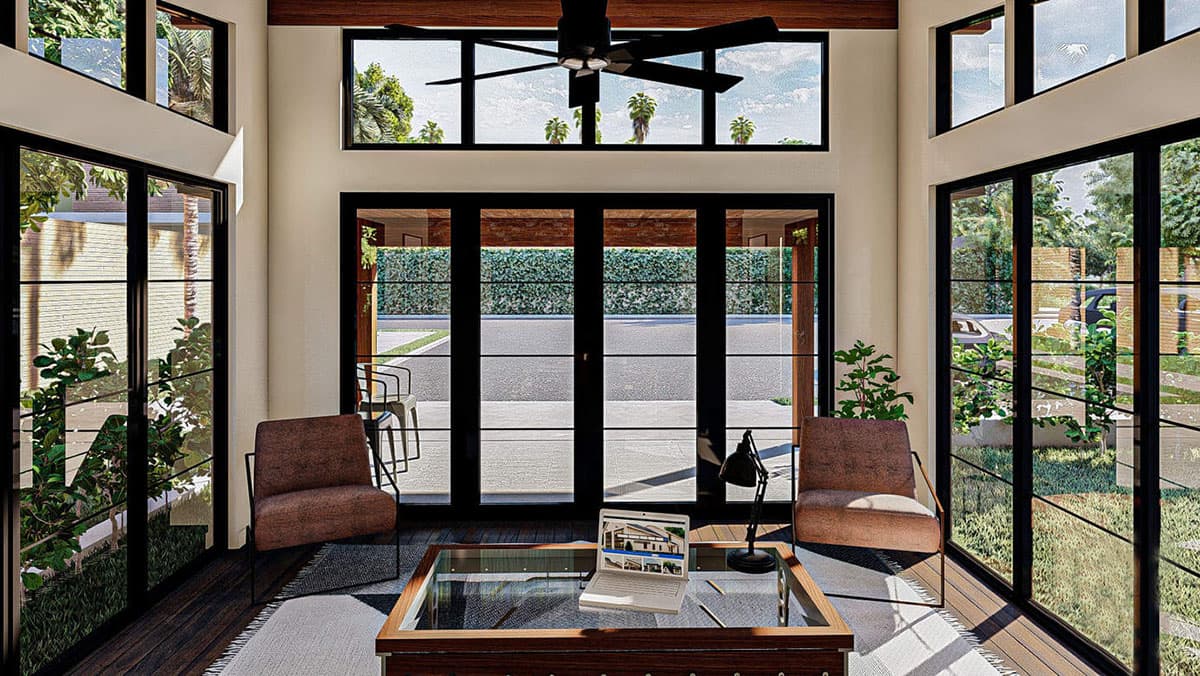 Interior rendering of a living space with floor-to-ceiling windows, exposed beams, and a modern ceiling fan.