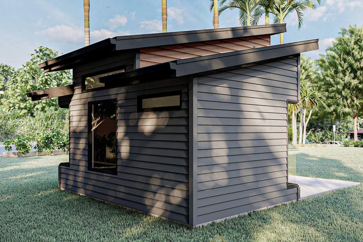 Modern house plan exterior with dark horizontal siding, asymmetric rooflines, and long horizontal windows.