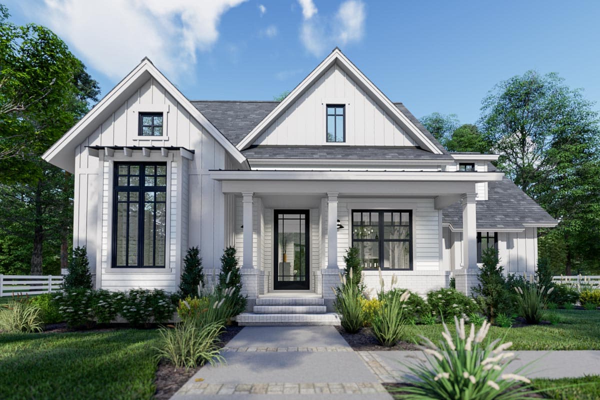 Modern Farmhouse house plan exterior with covered porch, board and batten siding, gable dormers, and large windows.