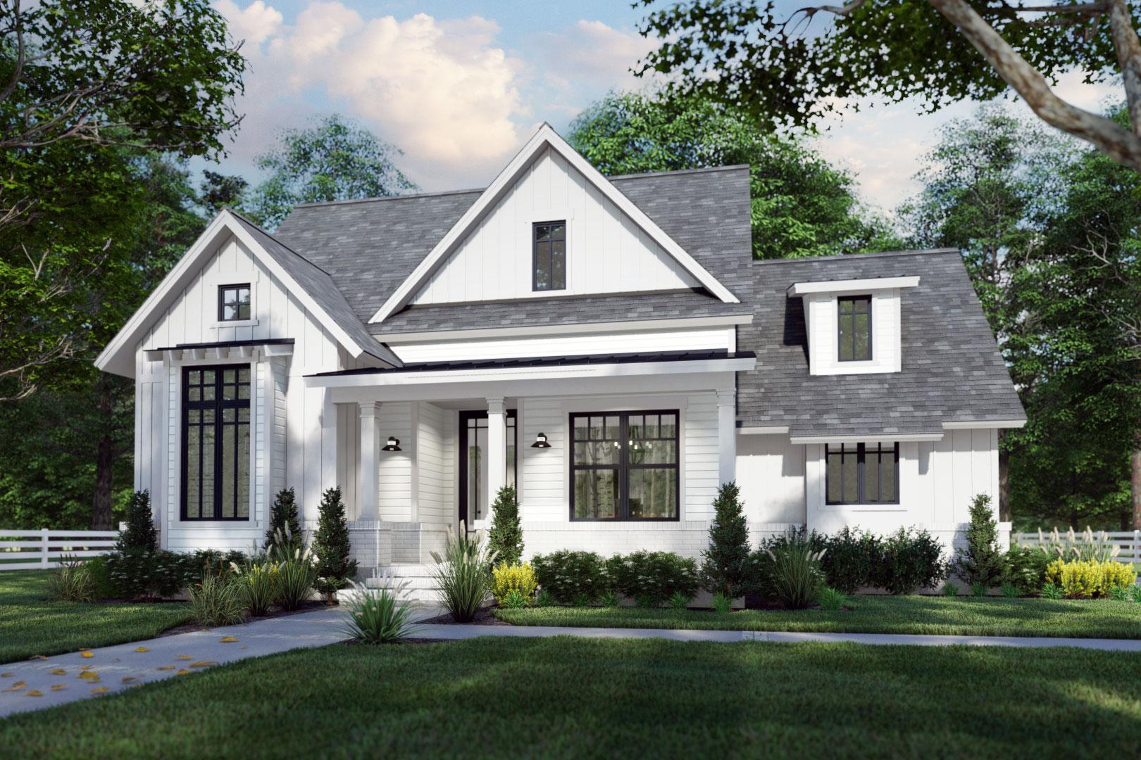 House plan exterior. Modern Farmhouse style with gabled roof, dormers, and a front porch with columns.