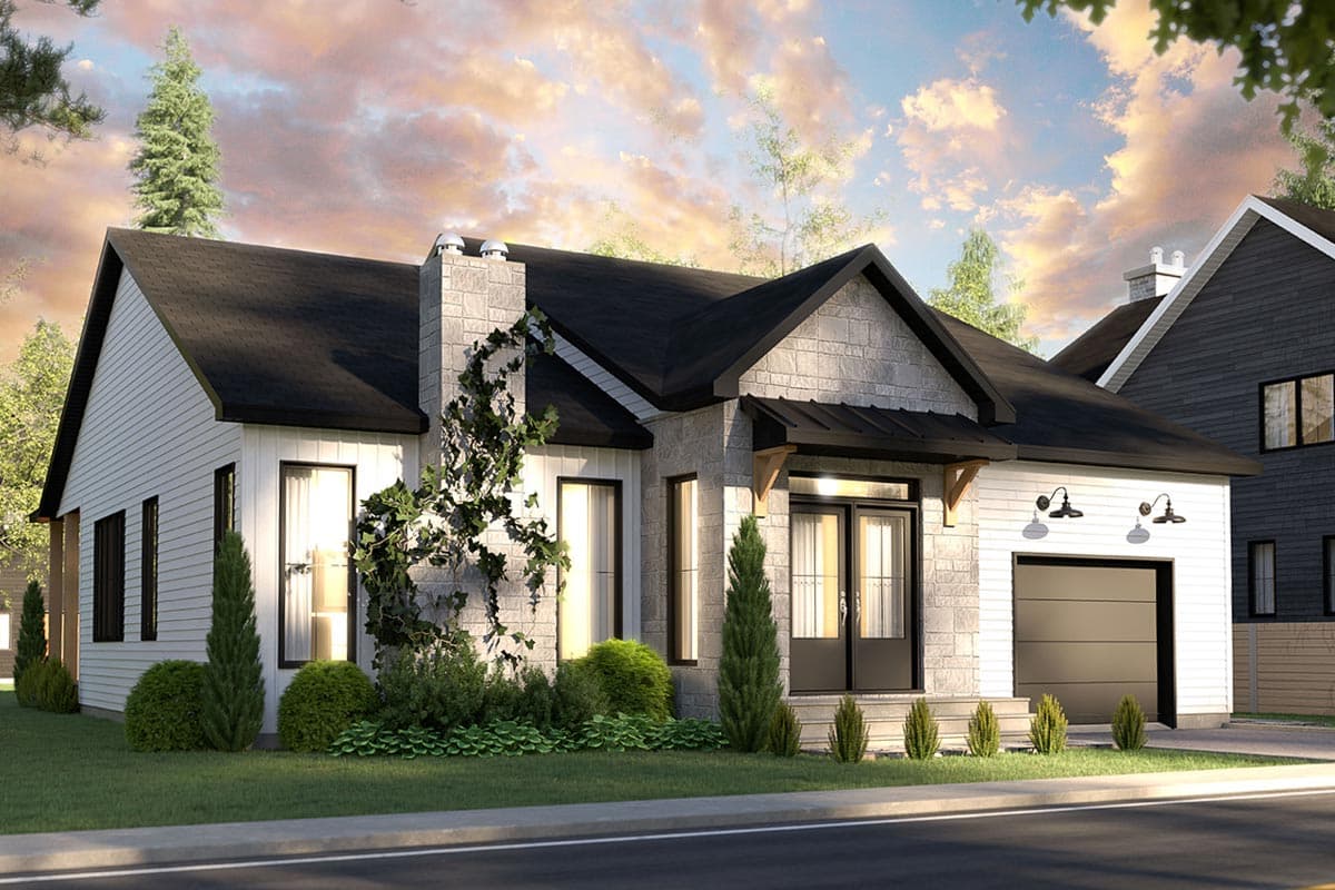 House plan exterior. Two-story Modern Farmhouse with a front-facing garage, gabled roofline, and stone and siding facade. Features a covered entry.