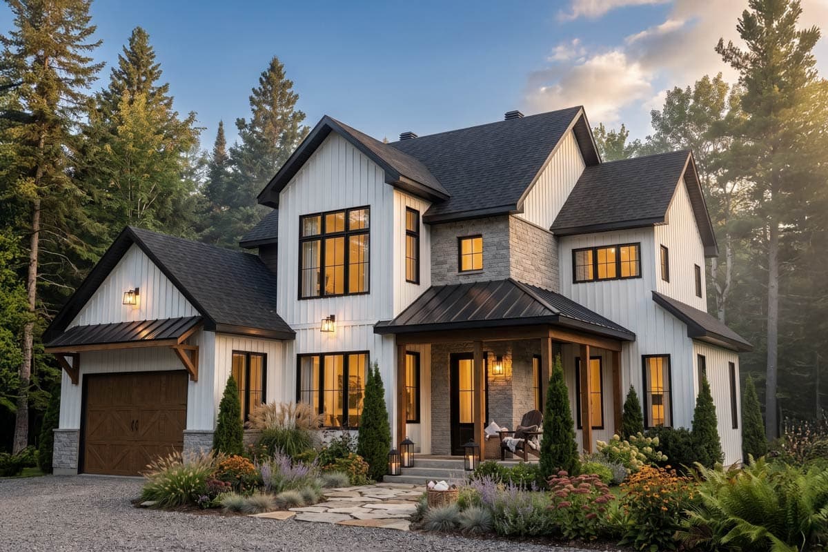 House plan exterior. Modern Farmhouse style, two stories. Features include multiple gables, a front porch, a garage, and board and batten siding.