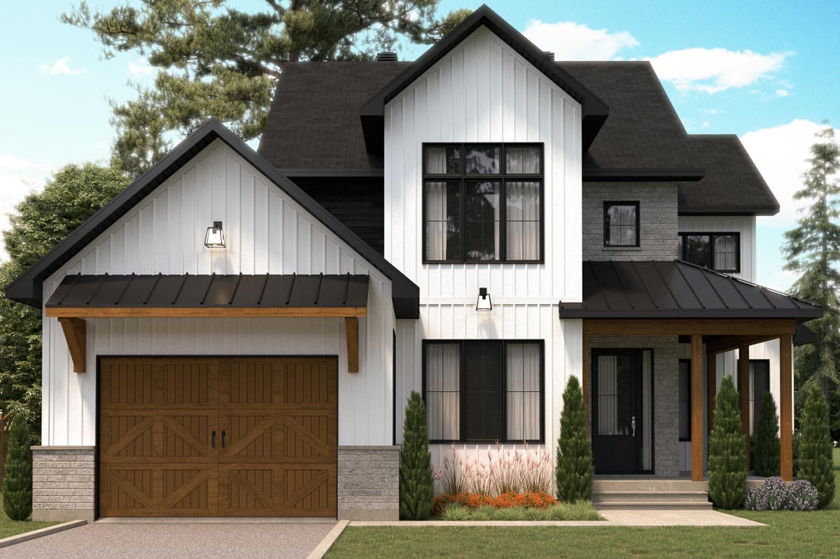 Modern Farmhouse house plan exterior with white vertical siding, black roof, wood garage door, and covered porch.