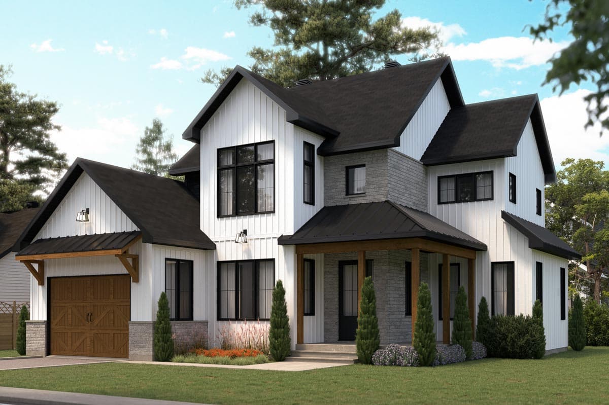House plan exterior. Modern Farmhouse style, two stories. Features include multiple gables, a front porch, a garage, and board and batten siding.