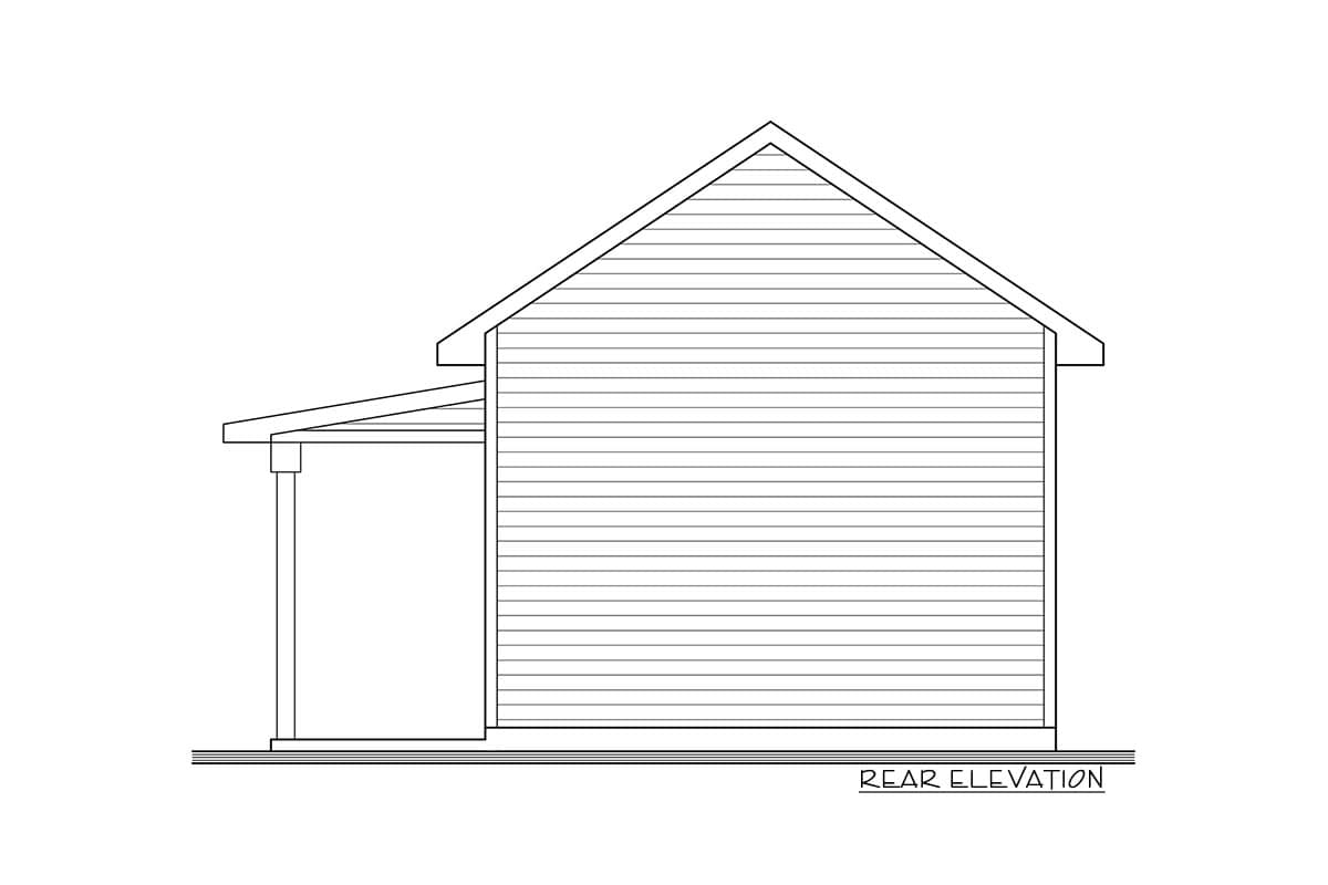 Rear elevation drawing of a house plan with horizontal siding and a covered porch.