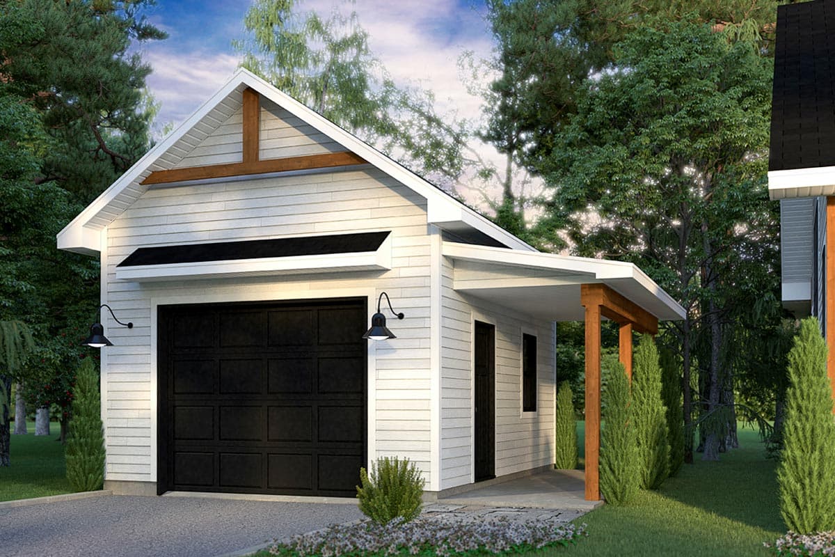 House plan exterior with a gable roof, wood-beam accents, and covered porch. The garage has a dark panel door, and is attached to a smaller structure.