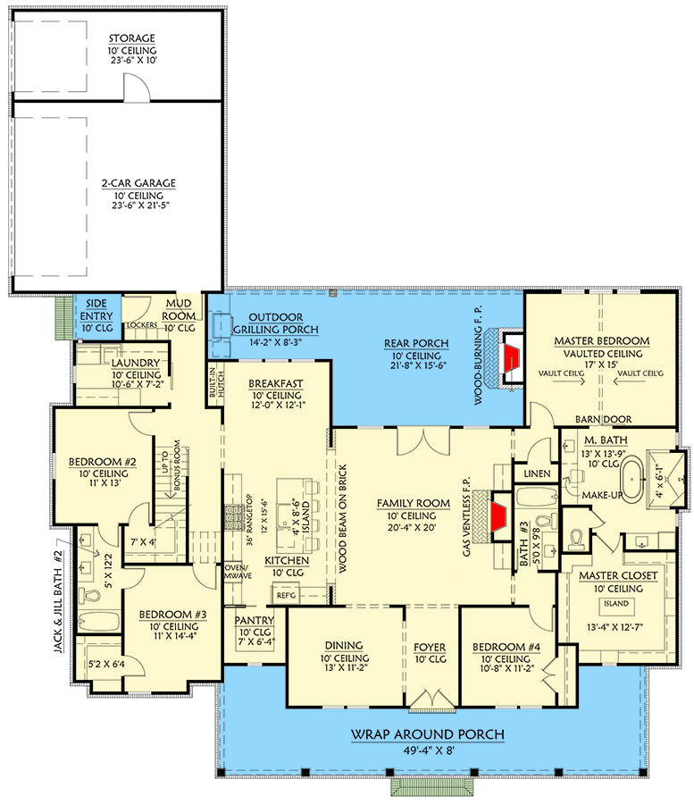 Plan 56483SM: 4-Bed Modern Farmhouse Plan with 8'-Deep Front Porch - 2716 Sq Ft - Floor Plan - Main Level - Country, Farmhouse, Modern Farmhouse, New American
