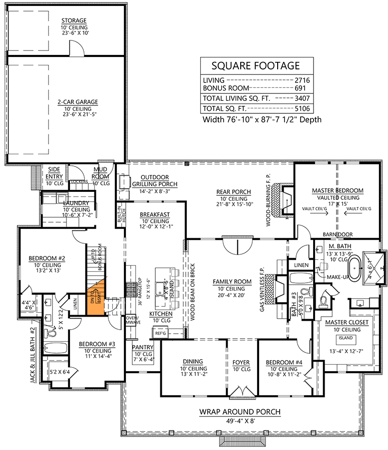 Plan 56483SM: 4-Bed Modern Farmhouse Plan with 8'-Deep Front Porch - 2716 Sq Ft - Floor Plan - Main Level - Basement Stairs Location - Country, Farmhouse, Modern Farmhouse, New American
