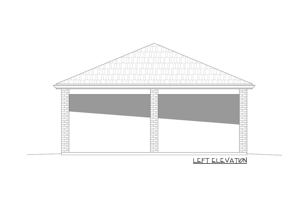 Left elevation drawing of a house plan showing a gable roof, brick pillars, and two covered bays.