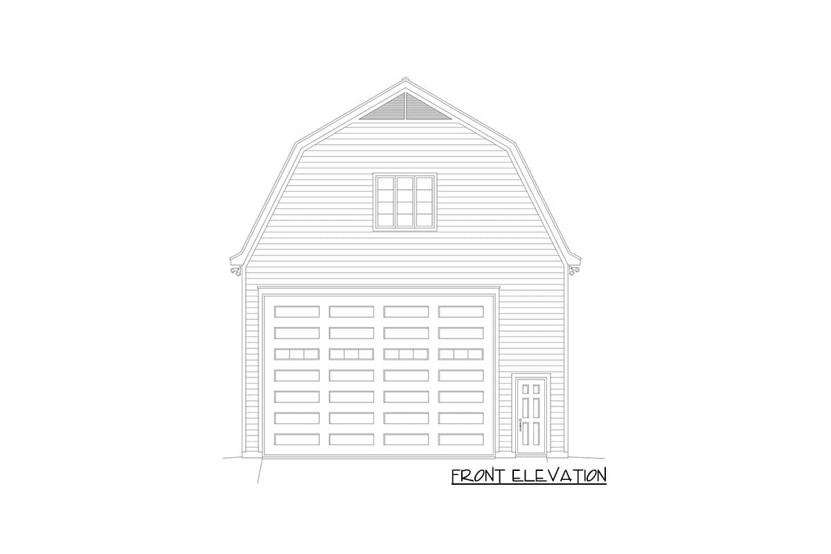 Front elevation drawing of a gambrel-roof garage with a double door, single door, and dormer window.