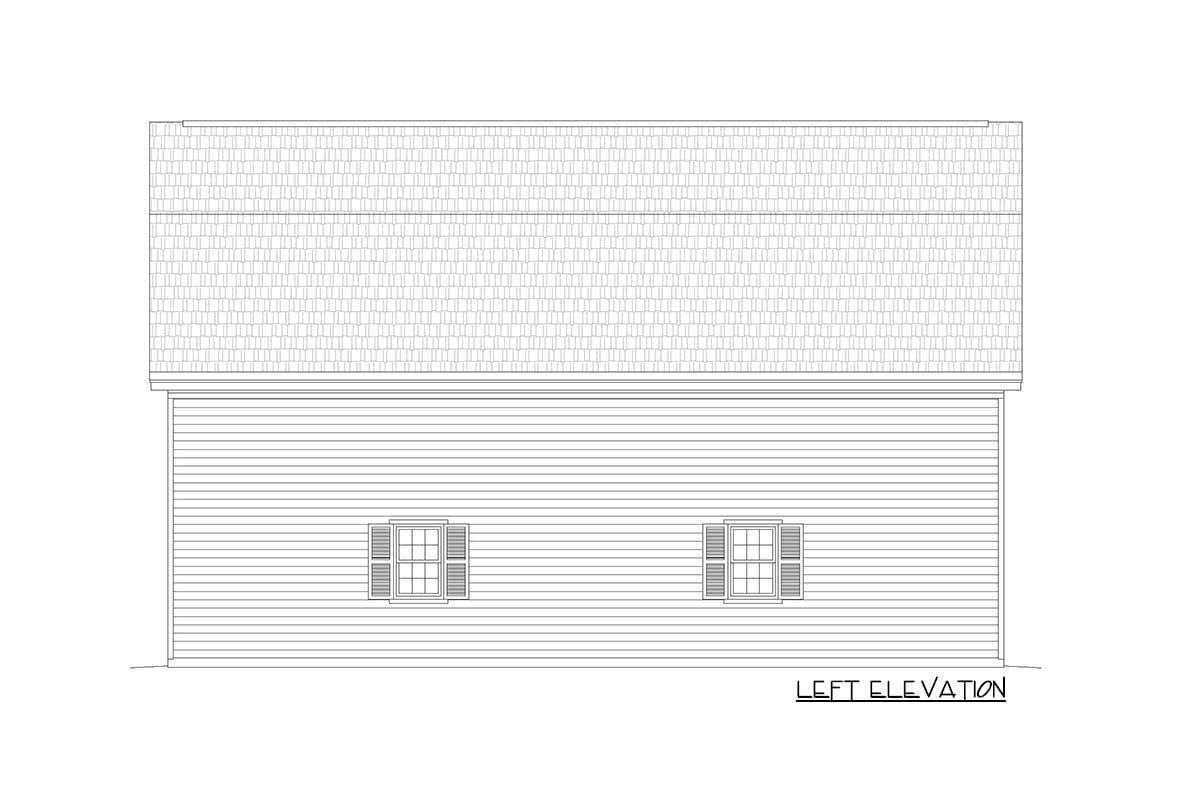 Left elevation house plan showing horizontal siding, a gable roof, and two symmetrically placed multi-pane windows with shutters.