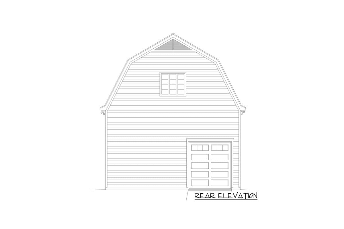 Rear elevation drawing of a house plan with a gambrel roof, a single garage door, and a dormer window.