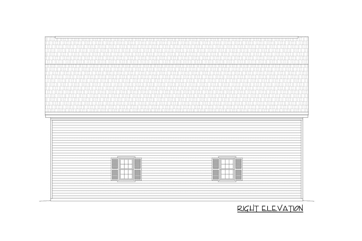 Right elevation drawing of a house plan with siding, a shingled roof, and two windows with shutters.