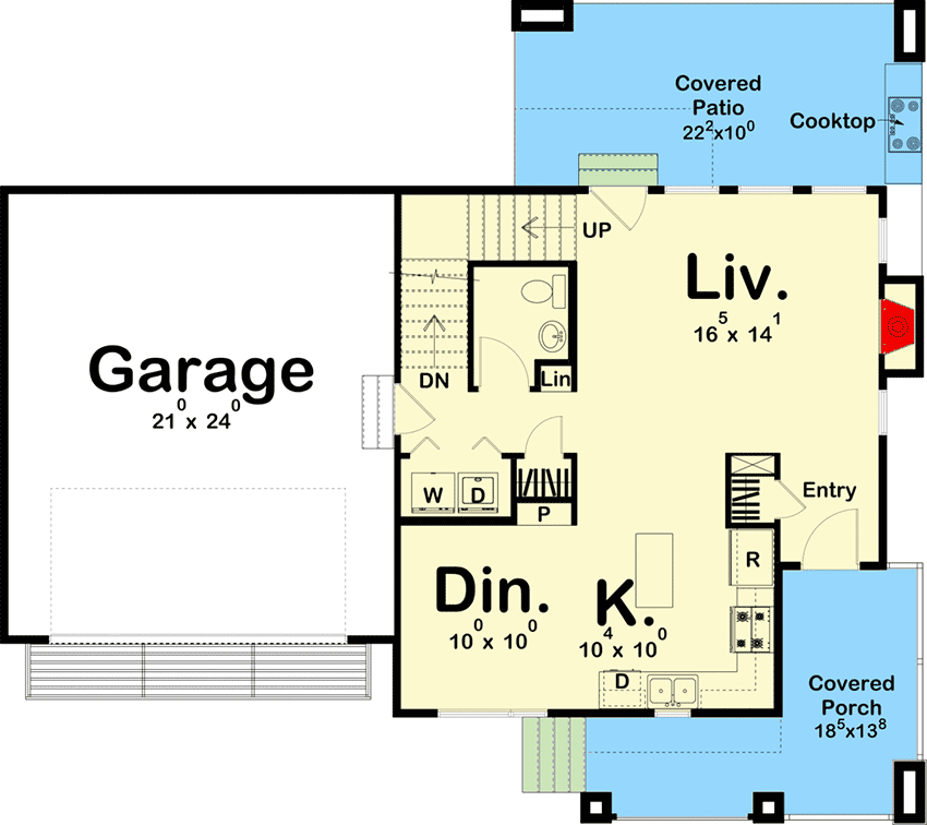 Plan 62928DJ: 3-Bed Modern Home Plan with Large Upstairs Party Deck - Floor Plan - Main Level - Modern, Northwest, Prairie
