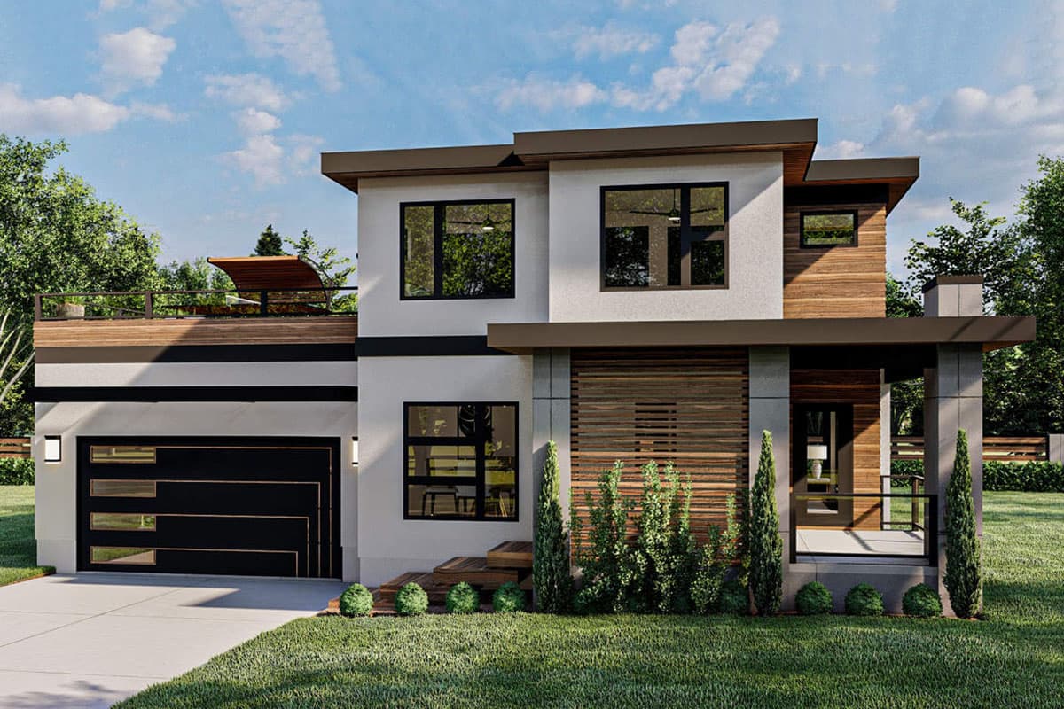 Modern house plan exterior with two stories, flat roof, and a covered entry. Features include a rooftop deck and a two-car garage.