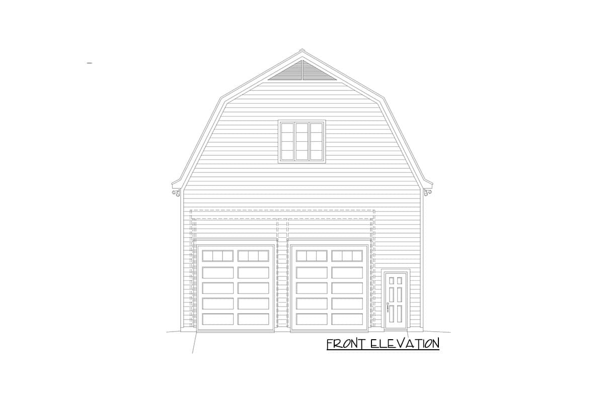 Front elevation drawing of a two-car garage with a gambrel roof, two garage doors, a single entry door, and a dormer window.