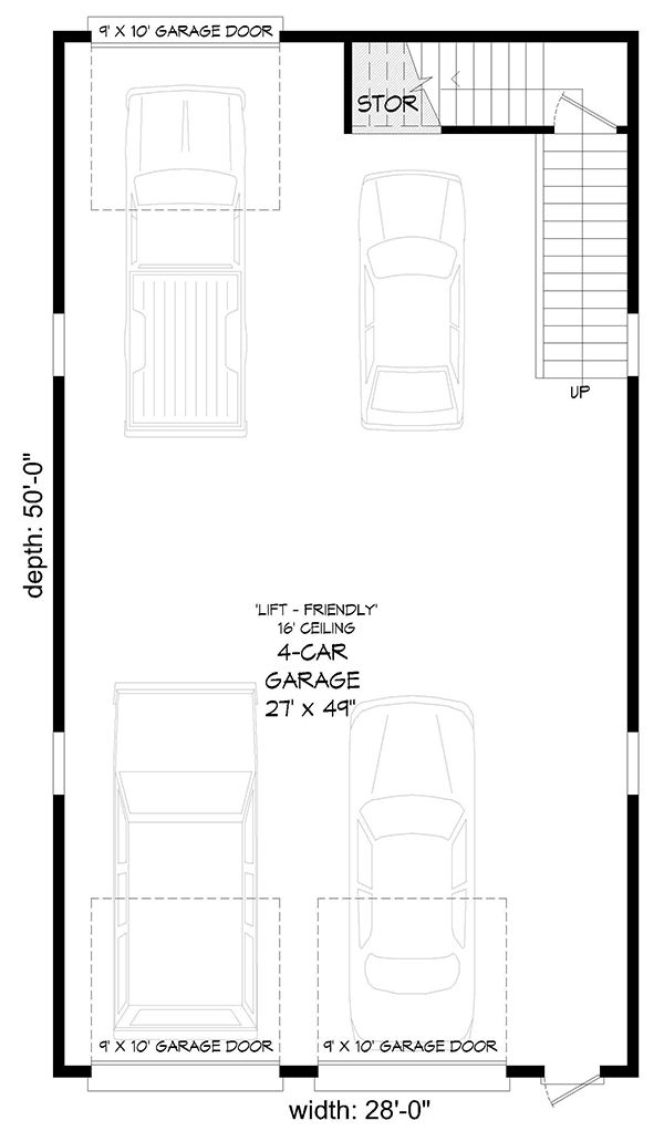 Plan 68684VR: Barn-like Detached Garage Plan with Storage Above - Floor Plan - Main Level