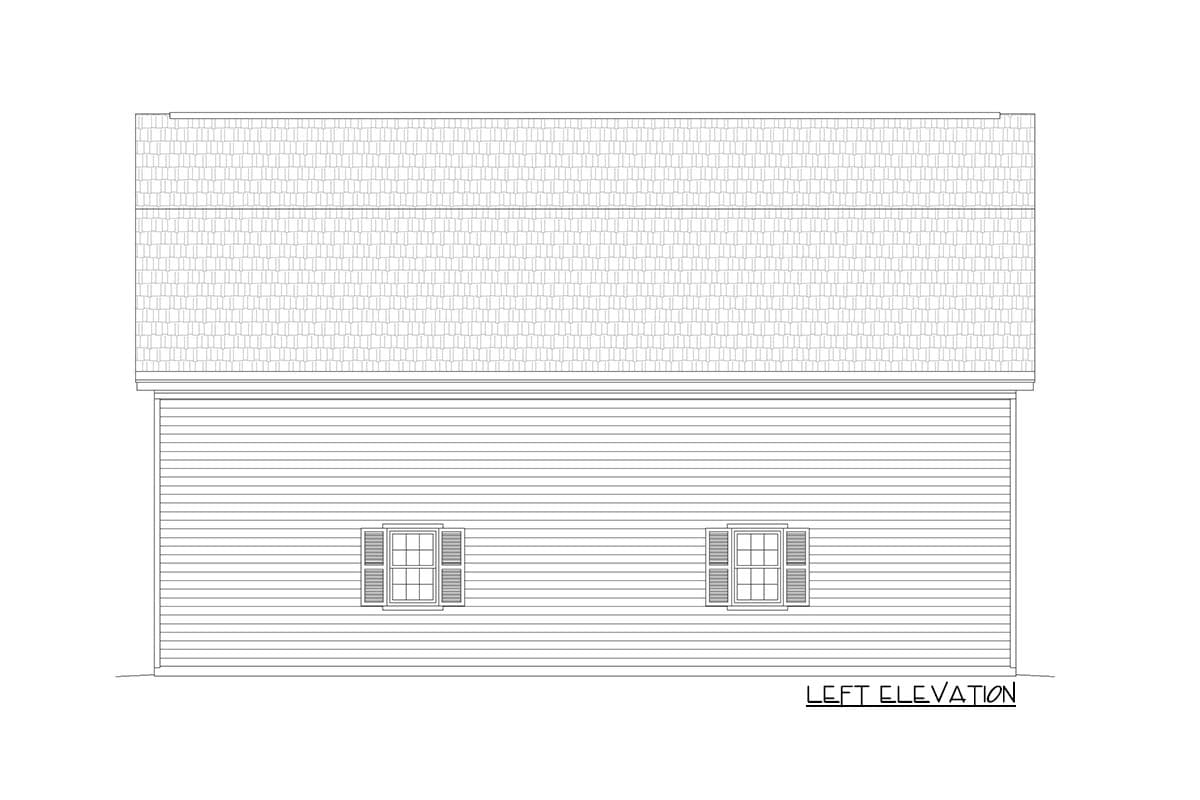 Left elevation drawing of house plan showing horizontal siding, a shingled roof, and two windows with shutters.