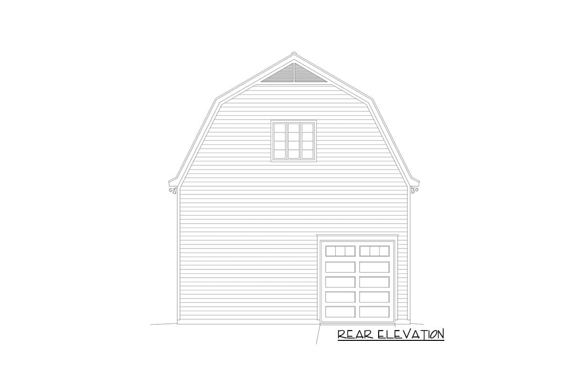 Rear elevation of a house plan featuring a gambrel roof, one window, and a single garage door.