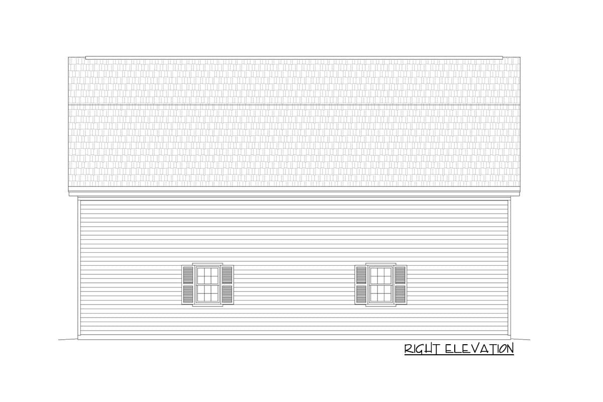 House plan right elevation drawing shows a pitched roof and siding with two multi-pane windows with shutters.