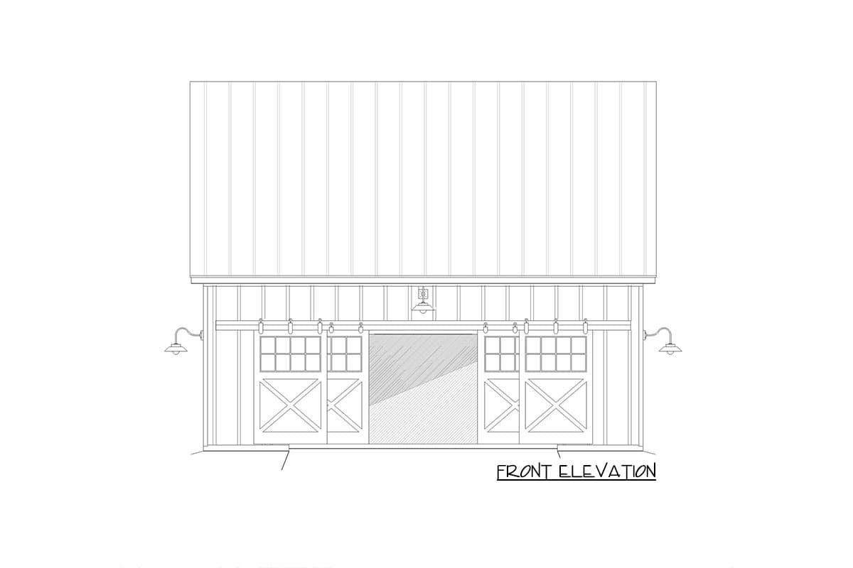 Front elevation drawing of a two-story house plan with a metal roof, double barn doors, and exterior lights.