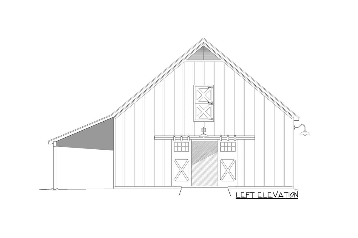 Barn house plan left elevation with gambrel roof, sliding doors, and covered area.