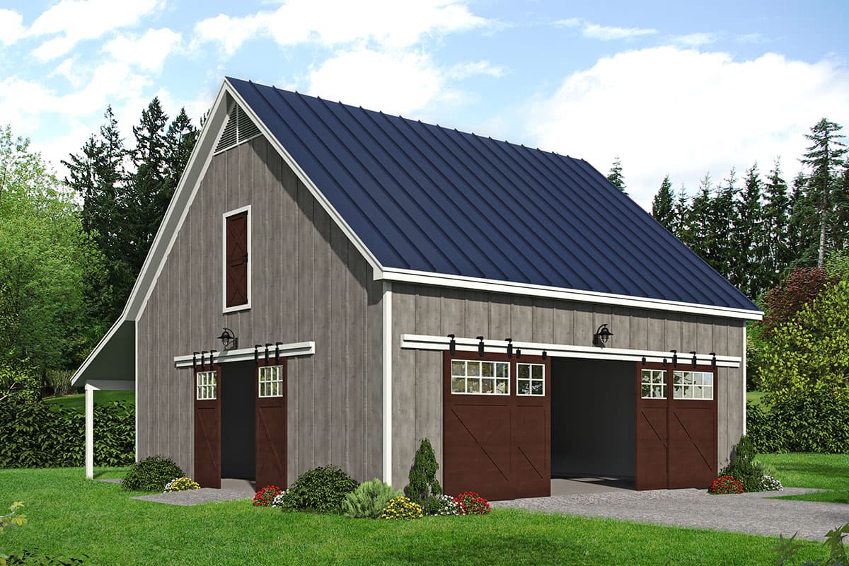 House plan exterior with barn-style design, a gabled roof, and sliding barn doors. Features a dark metal roof and an open garage.