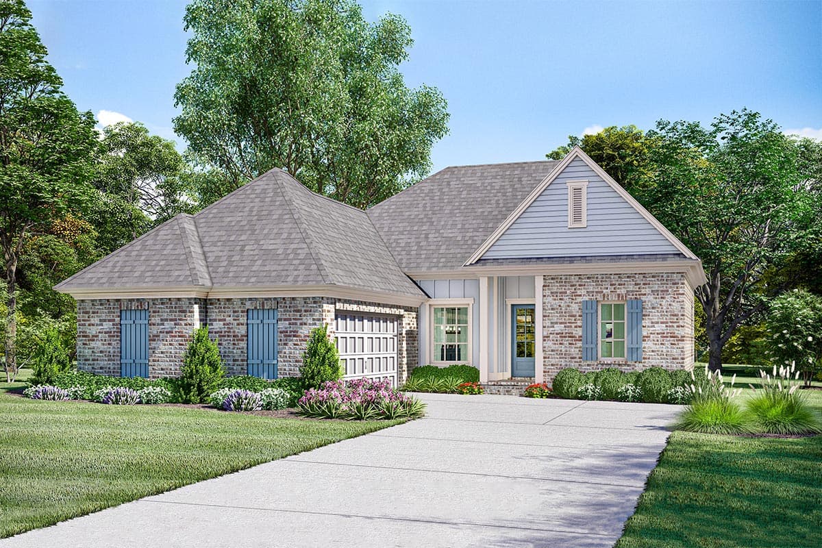 House plan exterior with brick facade, gable roof, and attached garage. Features include blue shutters and light blue siding on the gables.