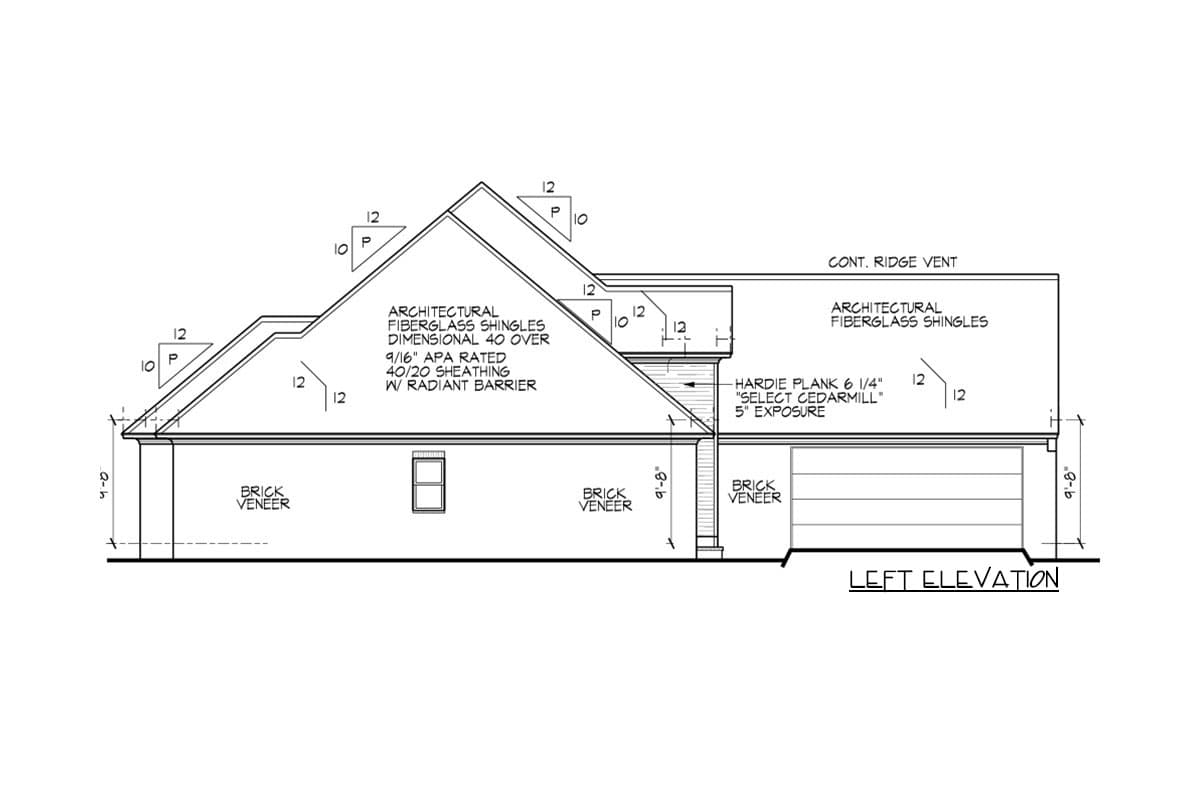 Left elevation of house plan showing brick veneer, Hardie plank siding, and architectural fiberglass shingles.