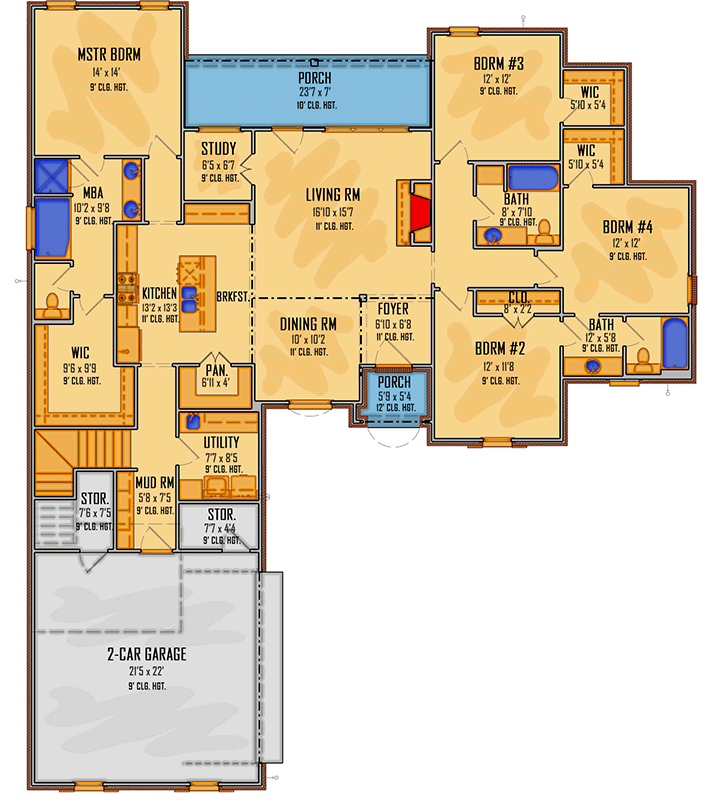 Plan 510167WDY: 4-Bedroom Acadian House Plan with Optional Bonus Room over Garage - 2159 Sq Ft - Floor Plan - Main Level - New American, Southern, Traditional, Transitional