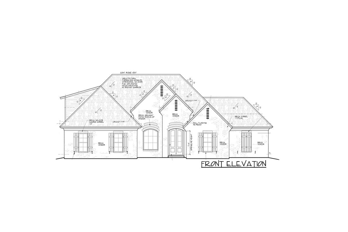 Front elevation drawing of a house plan featuring brick veneer, gabled roofs, dormers, and shutters.