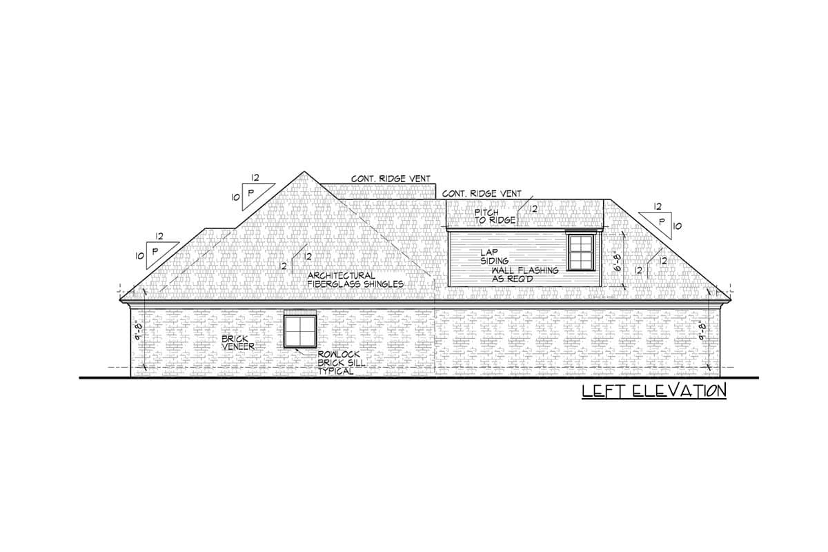 Left elevation drawing of house plan showing brick veneer, dormer with lap siding, and architectural fiberglass shingles on pitched roof.