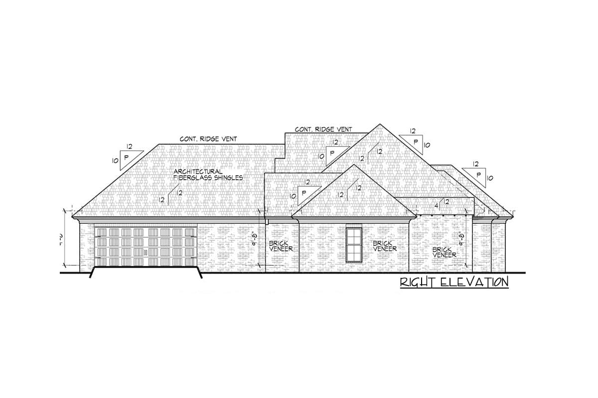 Right elevation house plan showing brick veneer, architectural fiberglass shingles, and gabled rooflines with continuous ridge vents.