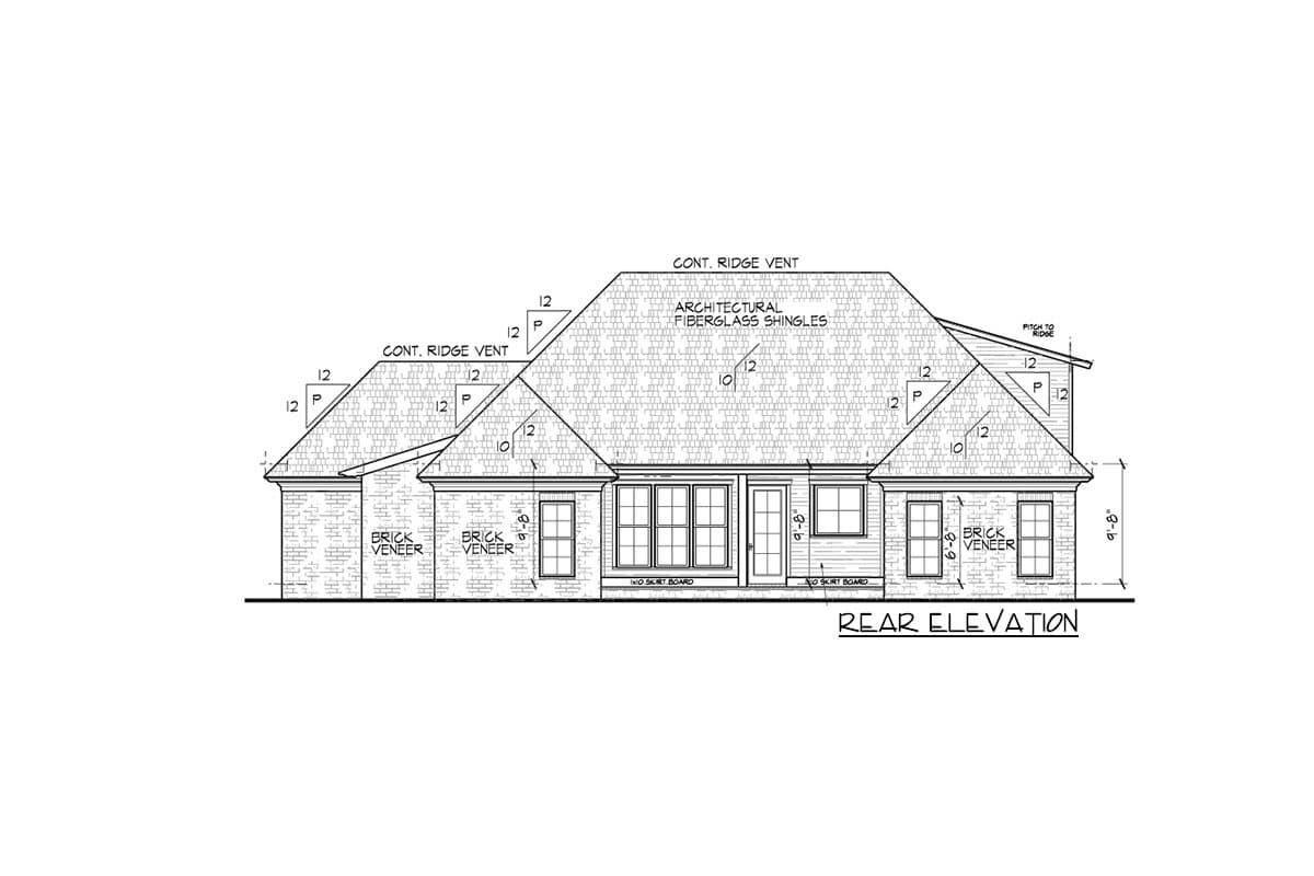 Rear elevation drawing of a house plan with brick veneer, multiple gables, and architectural fiberglass shingles.