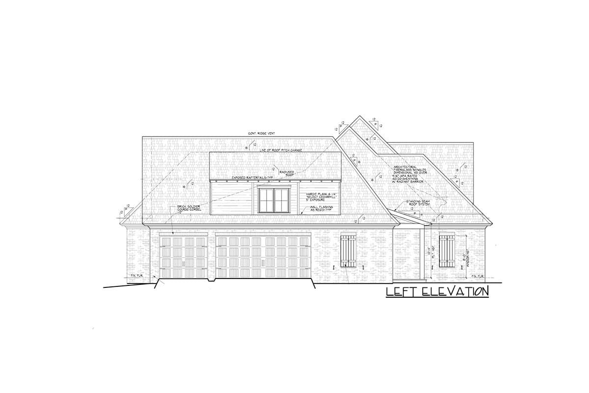 Left elevation of house plan showing a three-car garage, brick exterior, and multiple rooflines with dormers and vents.
