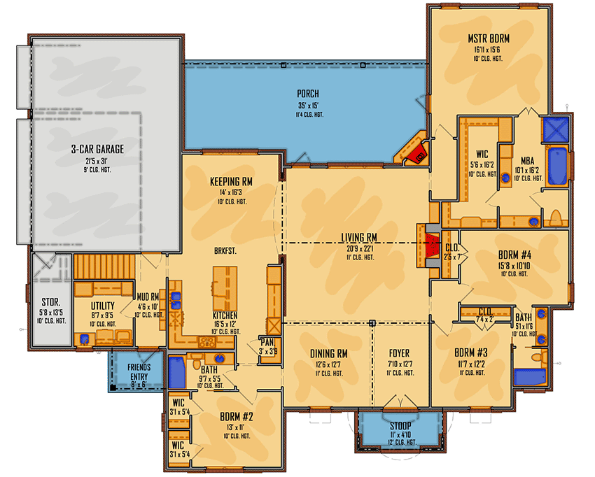 Plan 510169WDY: Exclusive 4-Bed Home Plan with Keeping Room - Floor Plan - Main Level - Acadian, European, French Country, Louisiana-Style, Southern