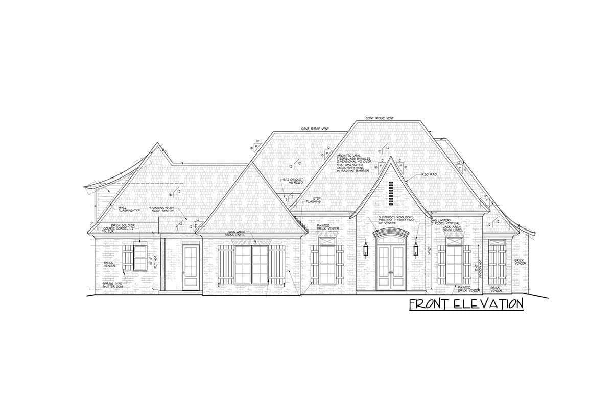 Front elevation house plan drawing with brick veneer, gabled rooflines, multiple dormers, and a covered entry.