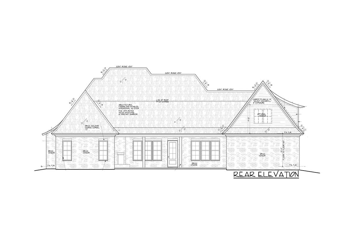 Rear elevation house plan showing brick veneer, a symmetrical gable, multiple windows, and a complex roofline with ridge vents.