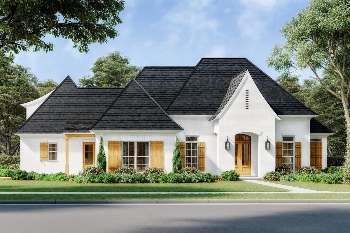 House plan exterior featuring a one-story, white brick home with a gable roof, wood shutters, and a covered entry porch.