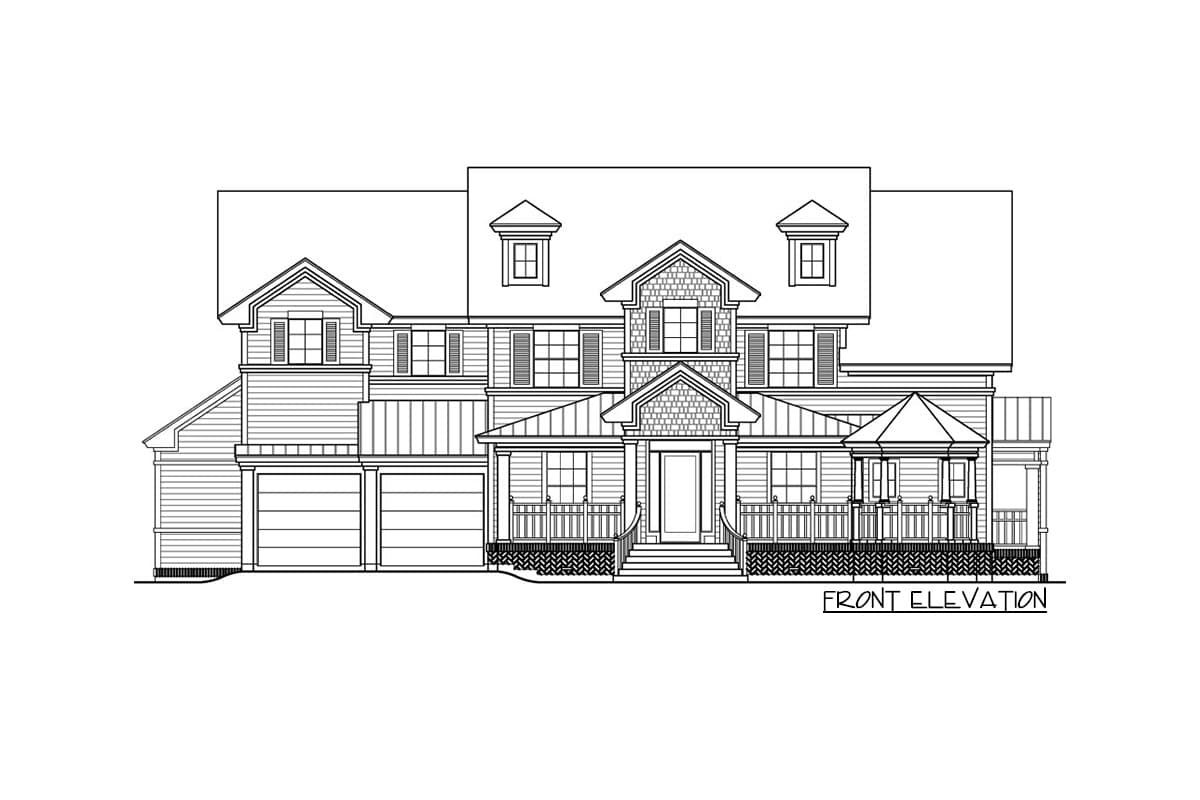 Front elevation drawing of a two-story house plan with a prominent gabled entrance, double garage, dormers, and covered porches.